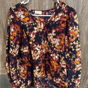 Floral Print Women's Top - Navy and Orange- fall- billowed arms